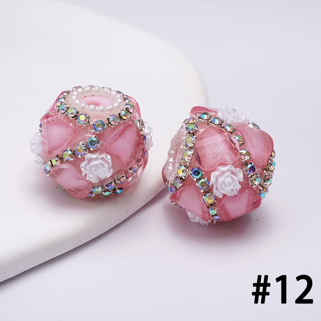 Handcrafted Acrylic Beads w Glittery Hearts and White Rose Flowers, White Pearl and AB Rhinestone Chains, 22MM, Various Color
