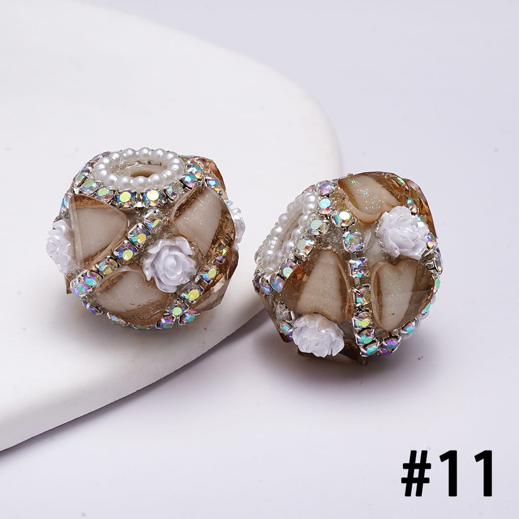 Handcrafted Acrylic Beads w Glittery Hearts and White Rose Flowers, White Pearl and AB Rhinestone Chains, 22MM, Various Color