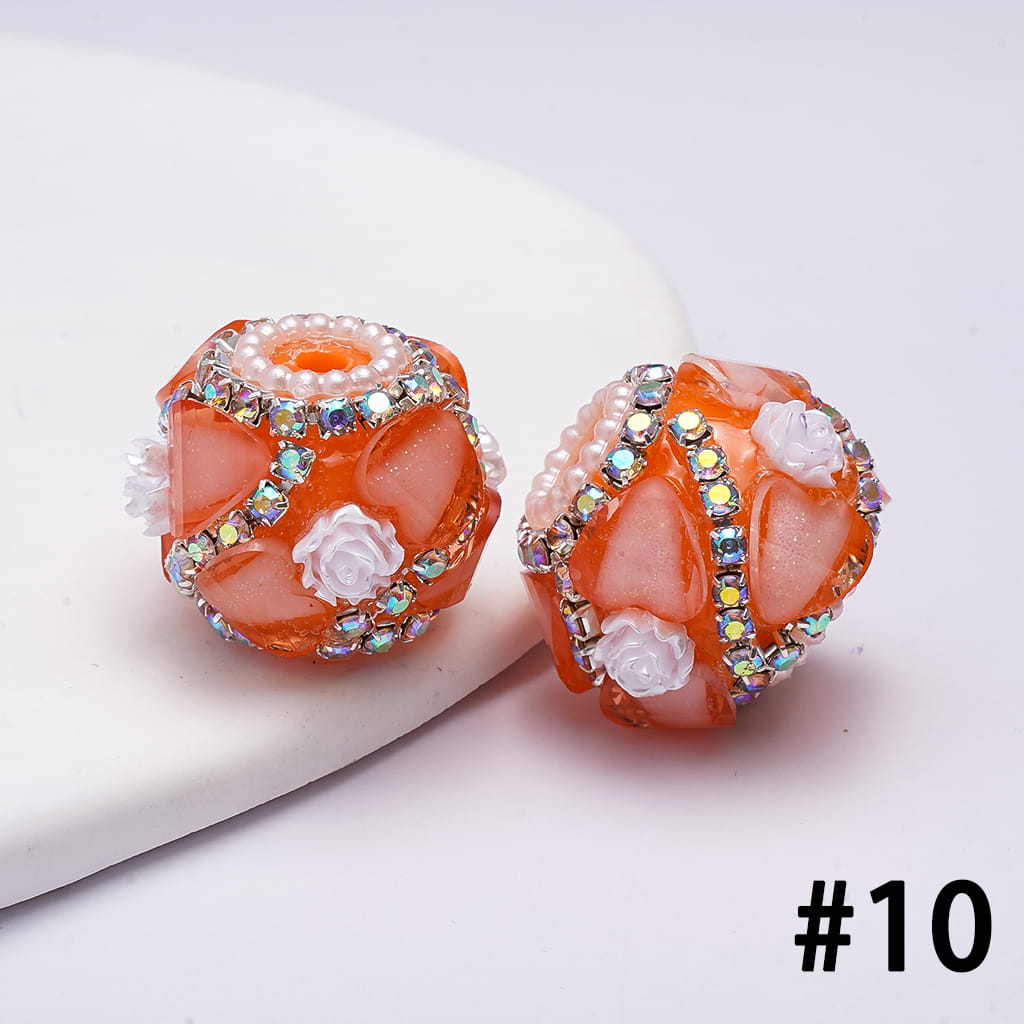 Handcrafted Acrylic Beads w Glittery Hearts and White Rose Flowers, White Pearl and AB Rhinestone Chains, 22MM, Various Color
