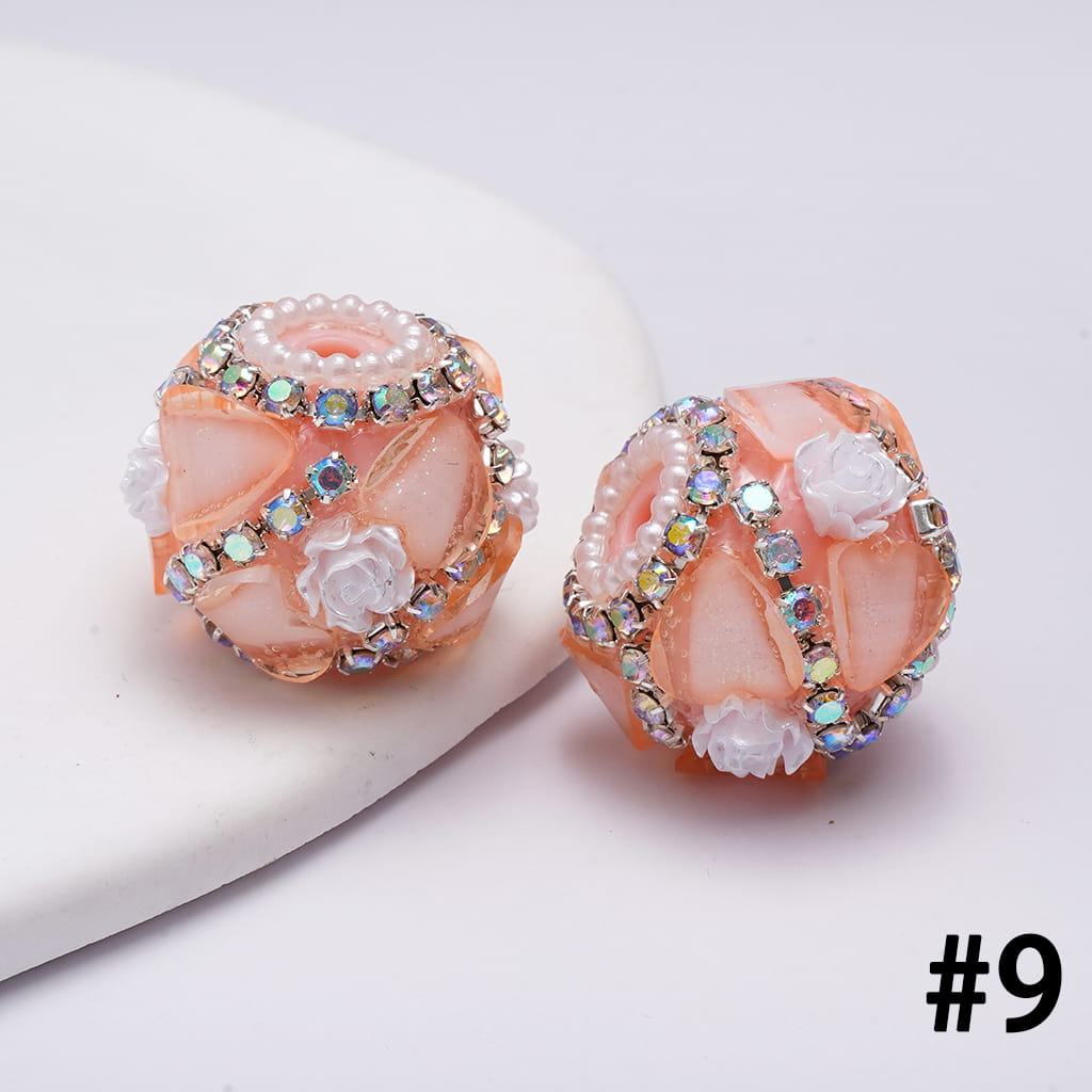 Handcrafted Acrylic Beads w Glittery Hearts and White Rose Flowers, White Pearl and AB Rhinestone Chains, 22MM, Various Color
