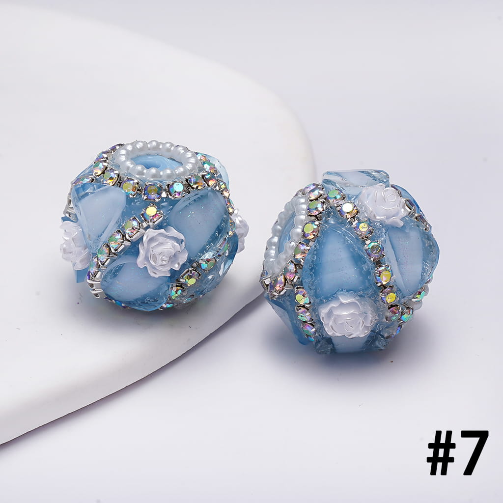 Handcrafted Acrylic Beads w Glittery Hearts and White Rose Flowers, White Pearl and AB Rhinestone Chains, 22MM, Various Color