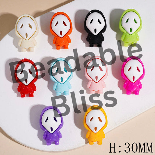 3D White Horror Mask Character with Silver Glitter and Cloak Silicone Focal Beads, Height 30MM, Multi-Color