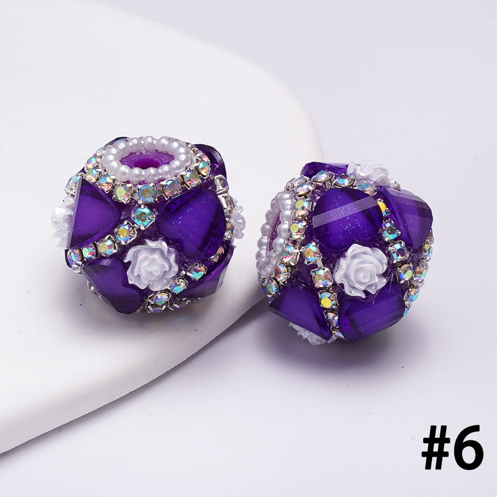 Handcrafted Acrylic Beads w Glittery Hearts and White Rose Flowers, White Pearl and AB Rhinestone Chains, 22MM, Various Color