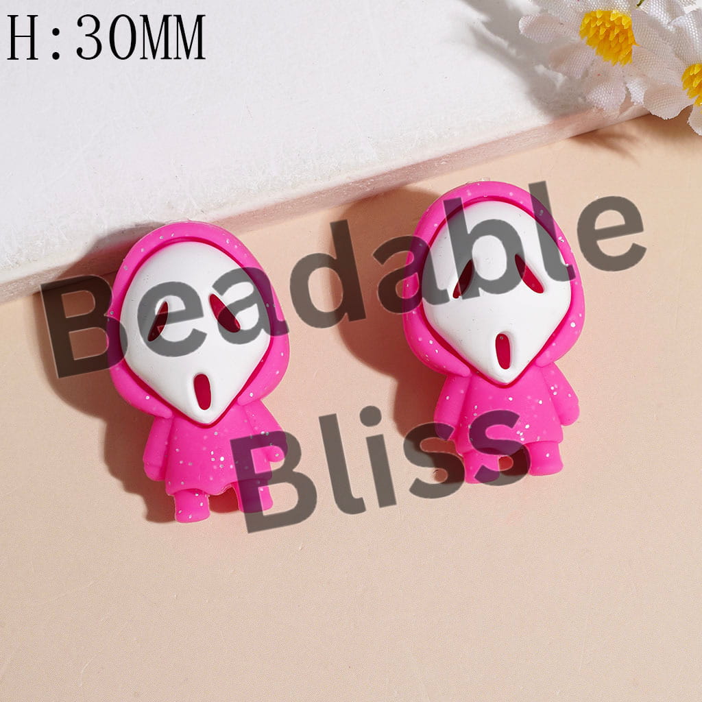 3D White Horror Mask Character with Silver Glitter and Cloak Silicone Focal Beads, Height 30MM, Multi-Color