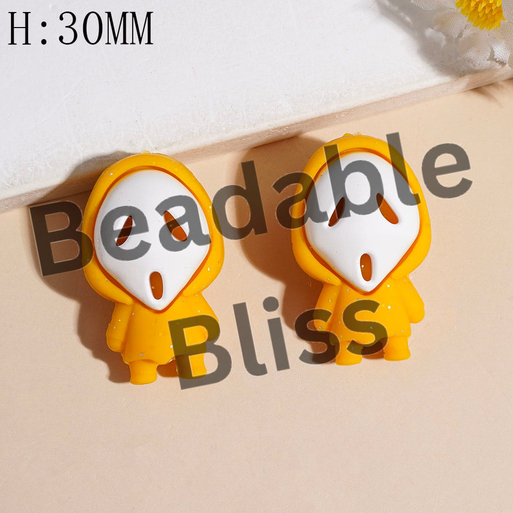 3D White Horror Mask Character with Silver Glitter and Cloak Silicone Focal Beads, Height 30MM, Multi-Color