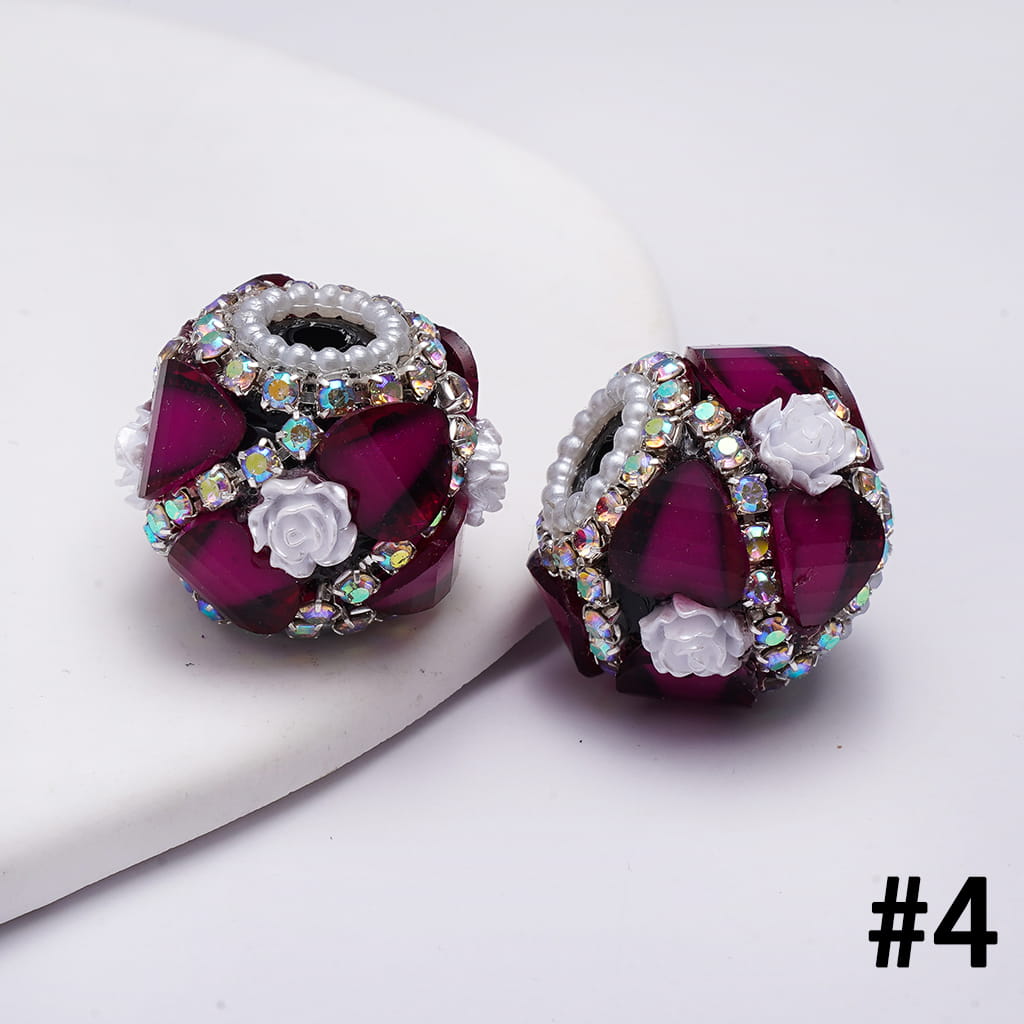Handcrafted Acrylic Beads w Glittery Hearts and White Rose Flowers, White Pearl and AB Rhinestone Chains, 22MM, Various Color