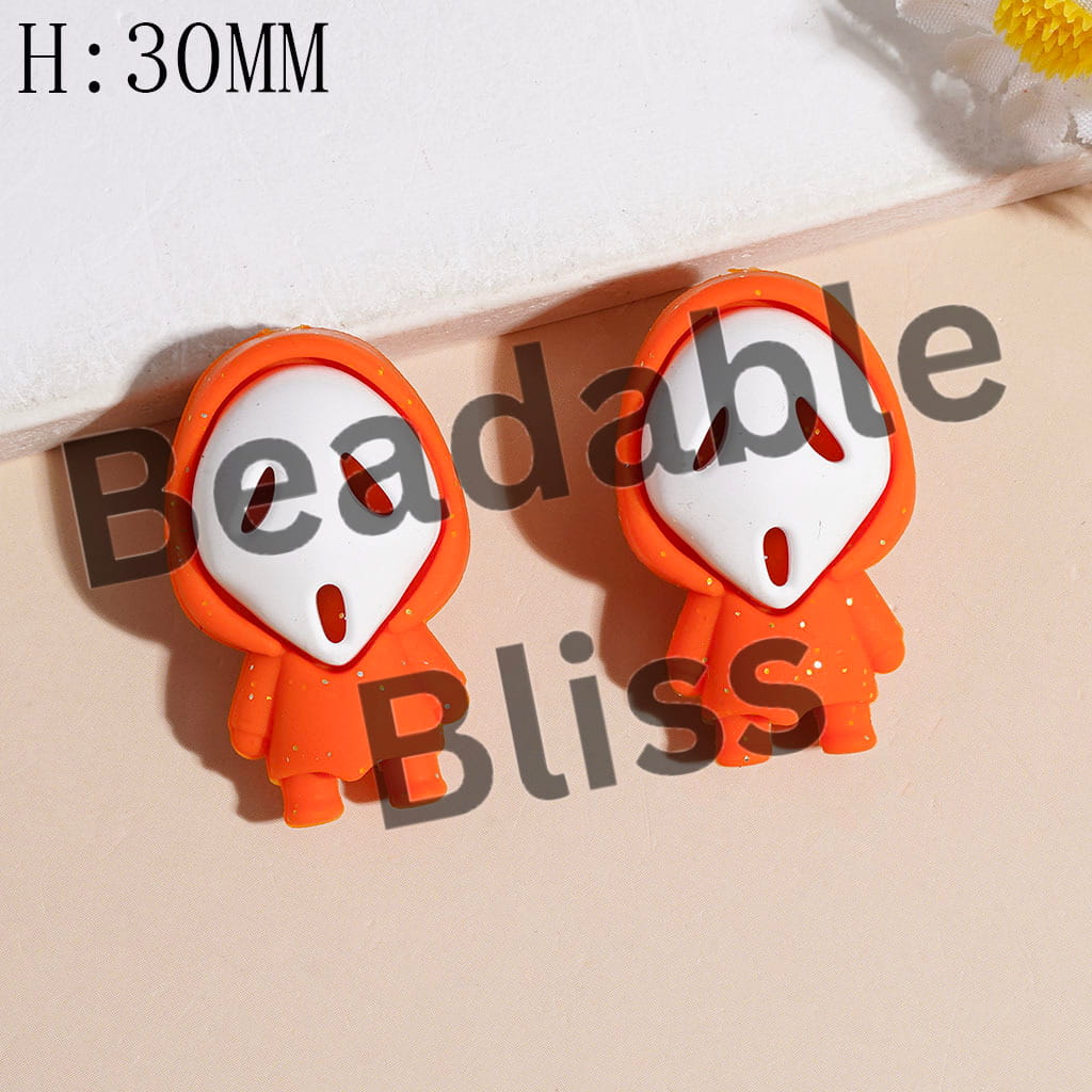 3D White Horror Mask Character with Silver Glitter and Cloak Silicone Focal Beads, Height 30MM, Multi-Color