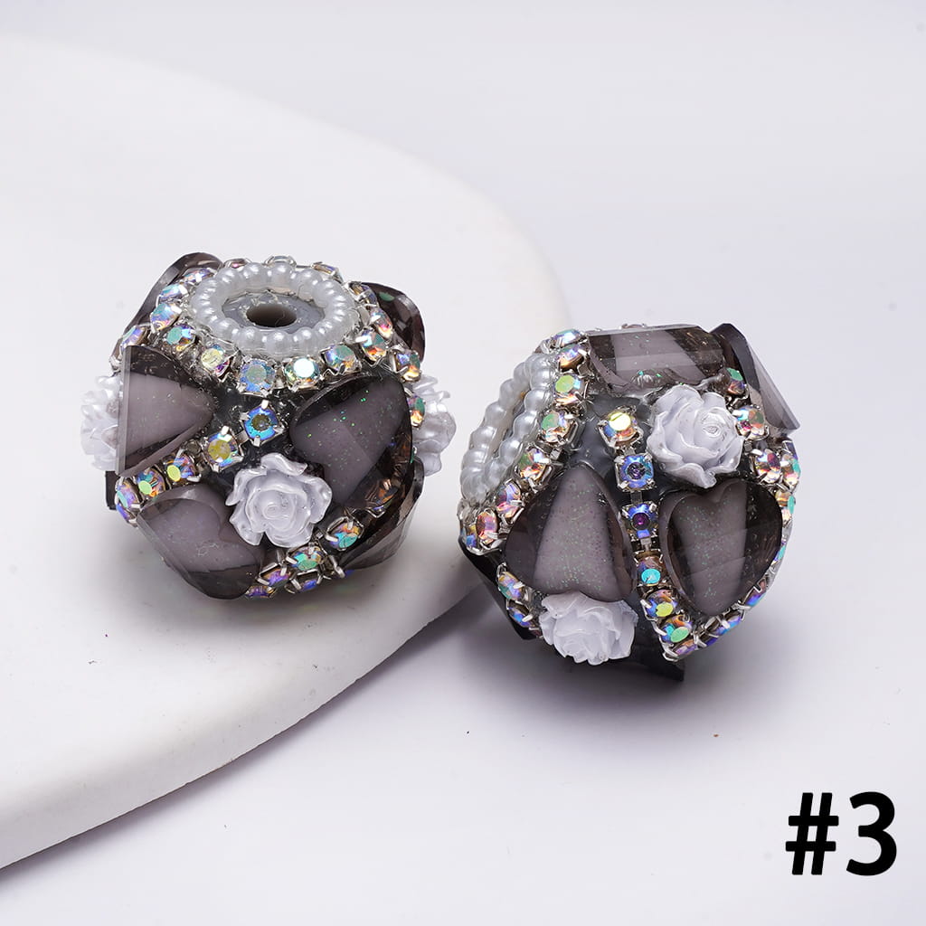 Handcrafted Acrylic Beads w Glittery Hearts and White Rose Flowers, White Pearl and AB Rhinestone Chains, 22MM, Various Color