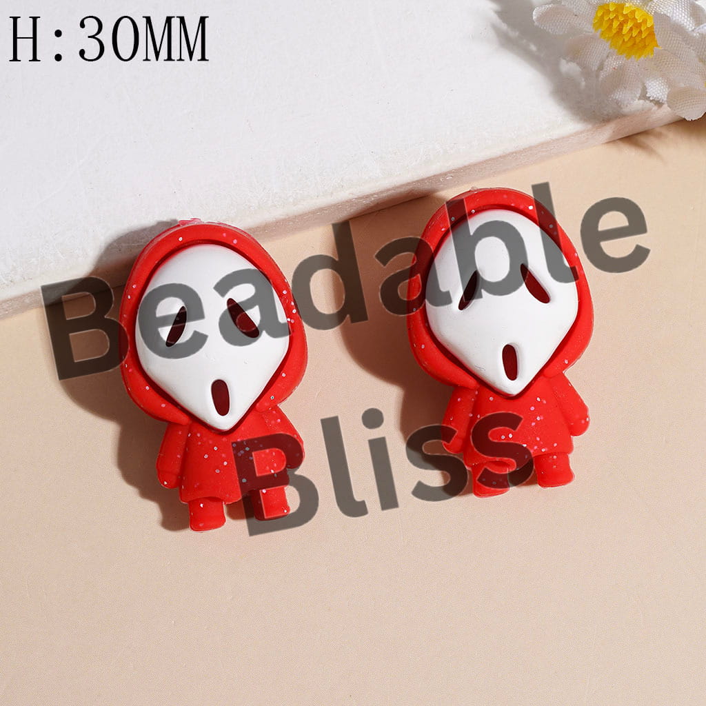 3D White Horror Mask Character with Silver Glitter and Cloak Silicone Focal Beads, Height 30MM, Multi-Color
