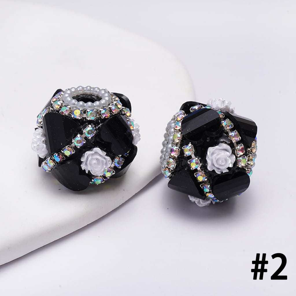 Handcrafted Acrylic Beads w Glittery Hearts and White Rose Flowers, White Pearl and AB Rhinestone Chains, 22MM, Various Color