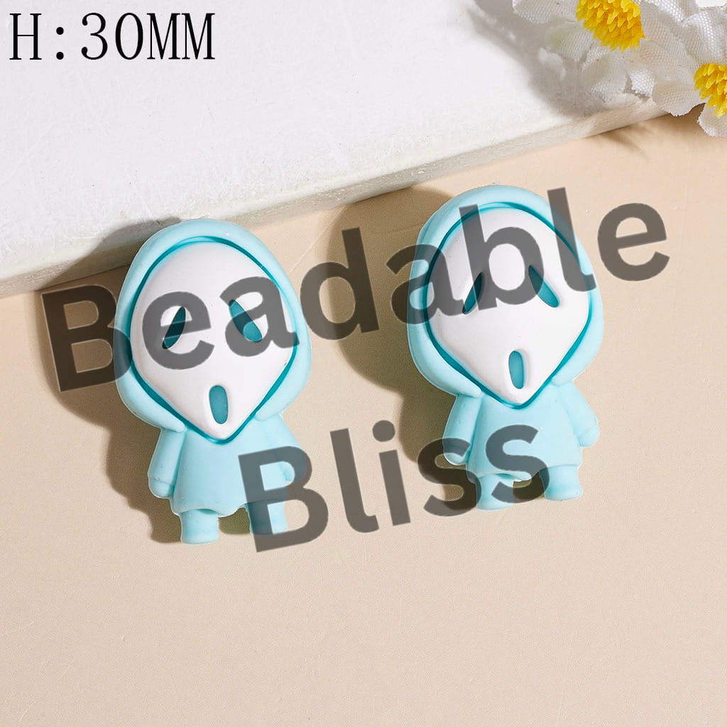 3D White Horror Mask Character with Silver Glitter and Cloak Silicone Focal Beads, Height 30MM, Multi-Color