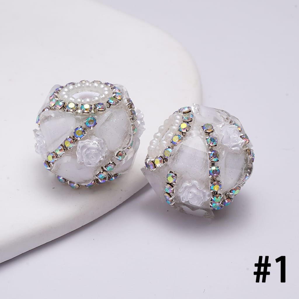 Handcrafted Acrylic Beads w Glittery Hearts and White Rose Flowers, White Pearl and AB Rhinestone Chains, 22MM, Various Color