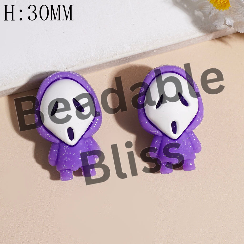 3D White Horror Mask Character with Silver Glitter and Cloak Silicone Focal Beads, Height 30MM, Multi-Color