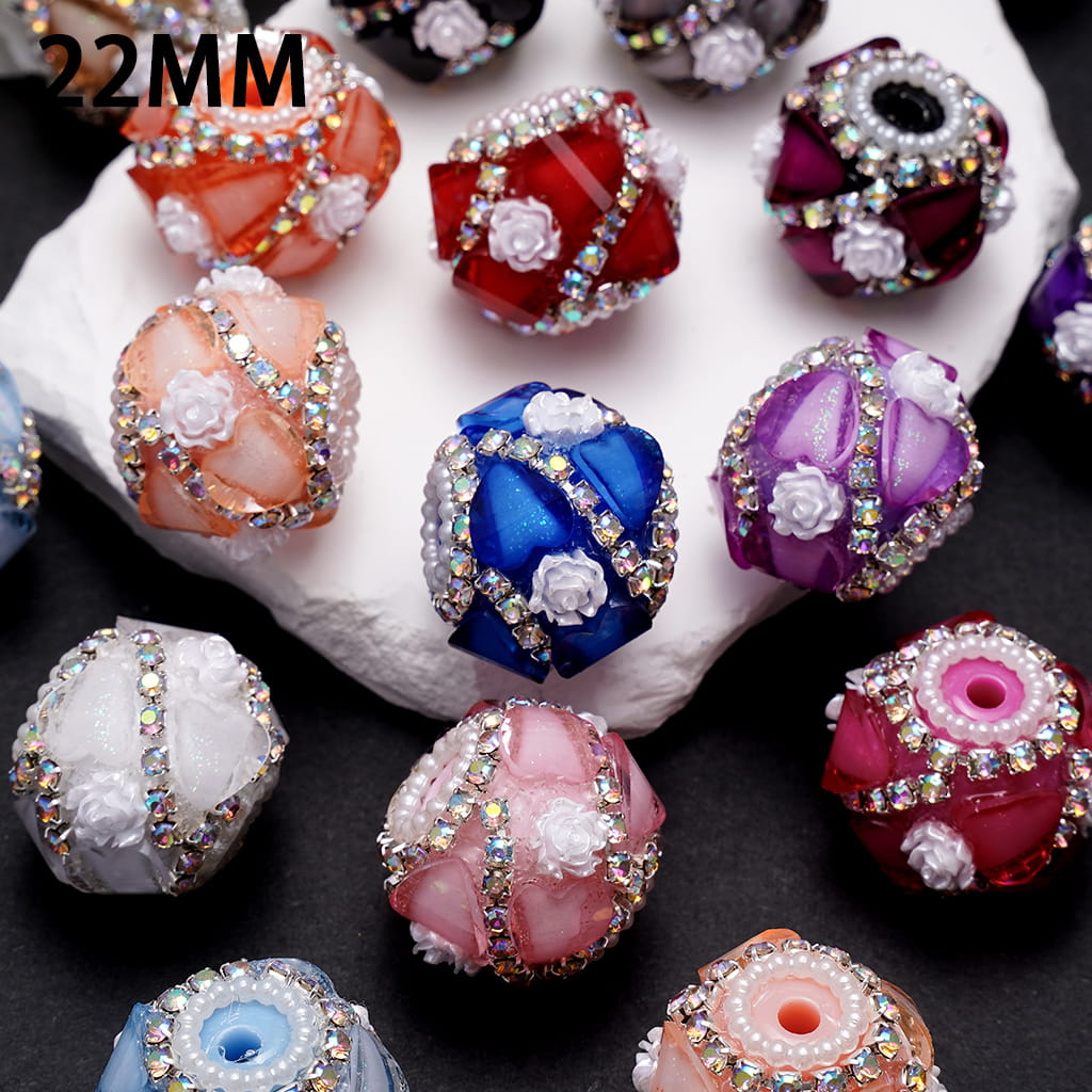 Handcrafted Acrylic Beads w Glittery Hearts and White Rose Flowers, White Pearl and AB Rhinestone Chains, 22MM, Various Color