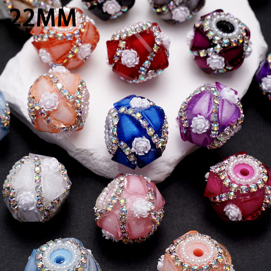 Handcrafted Acrylic Beads w Glittery Hearts and White Rose Flowers, White Pearl and AB Rhinestone Chains, 22MM, Various Color