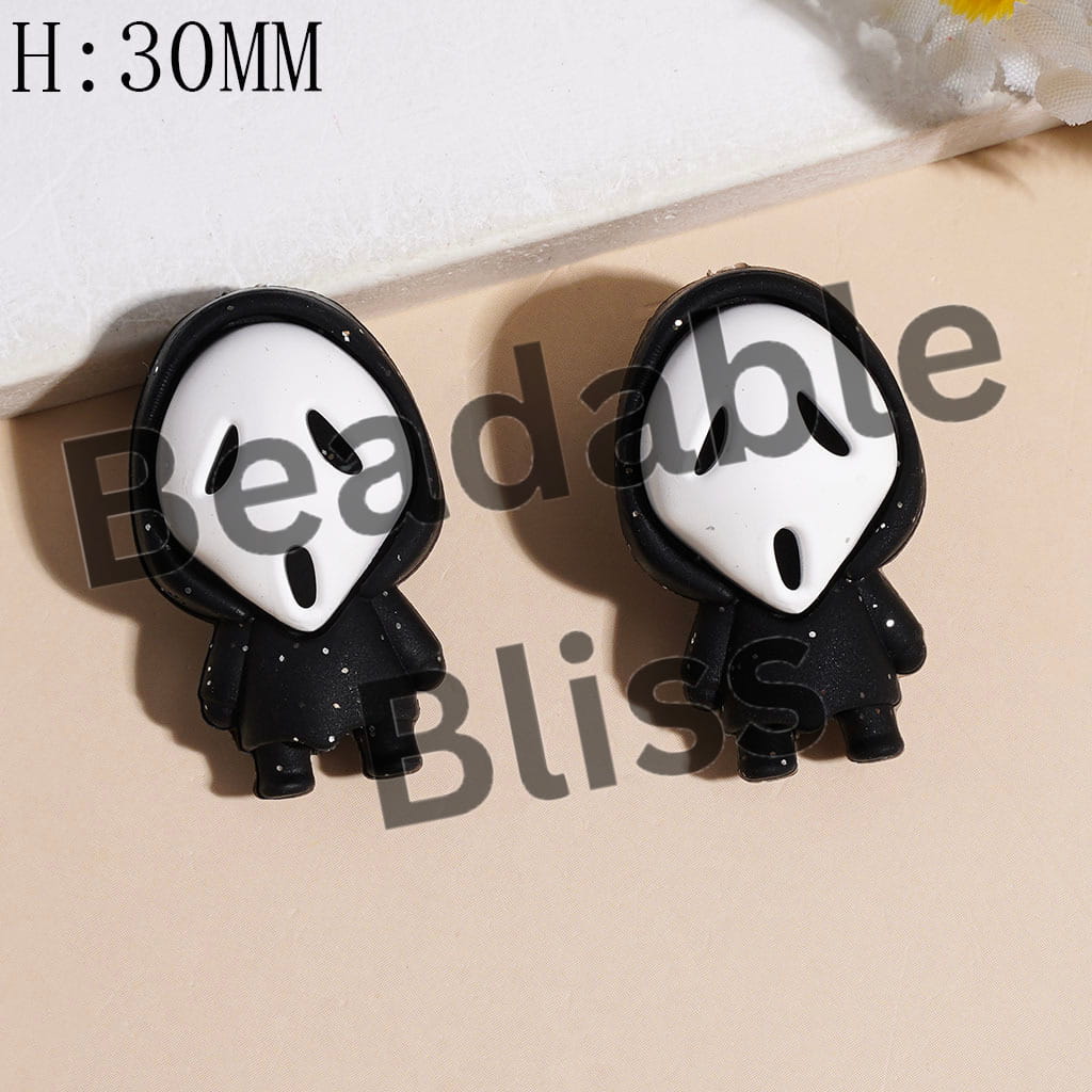 3D White Horror Mask Character with Silver Glitter and Cloak Silicone Focal Beads, Height 30MM, Multi-Color