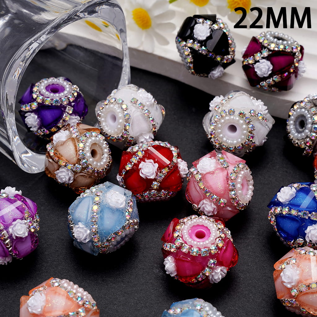 Handcrafted Acrylic Beads w Glittery Hearts and White Rose Flowers, White Pearl and AB Rhinestone Chains, 22MM, Various Color