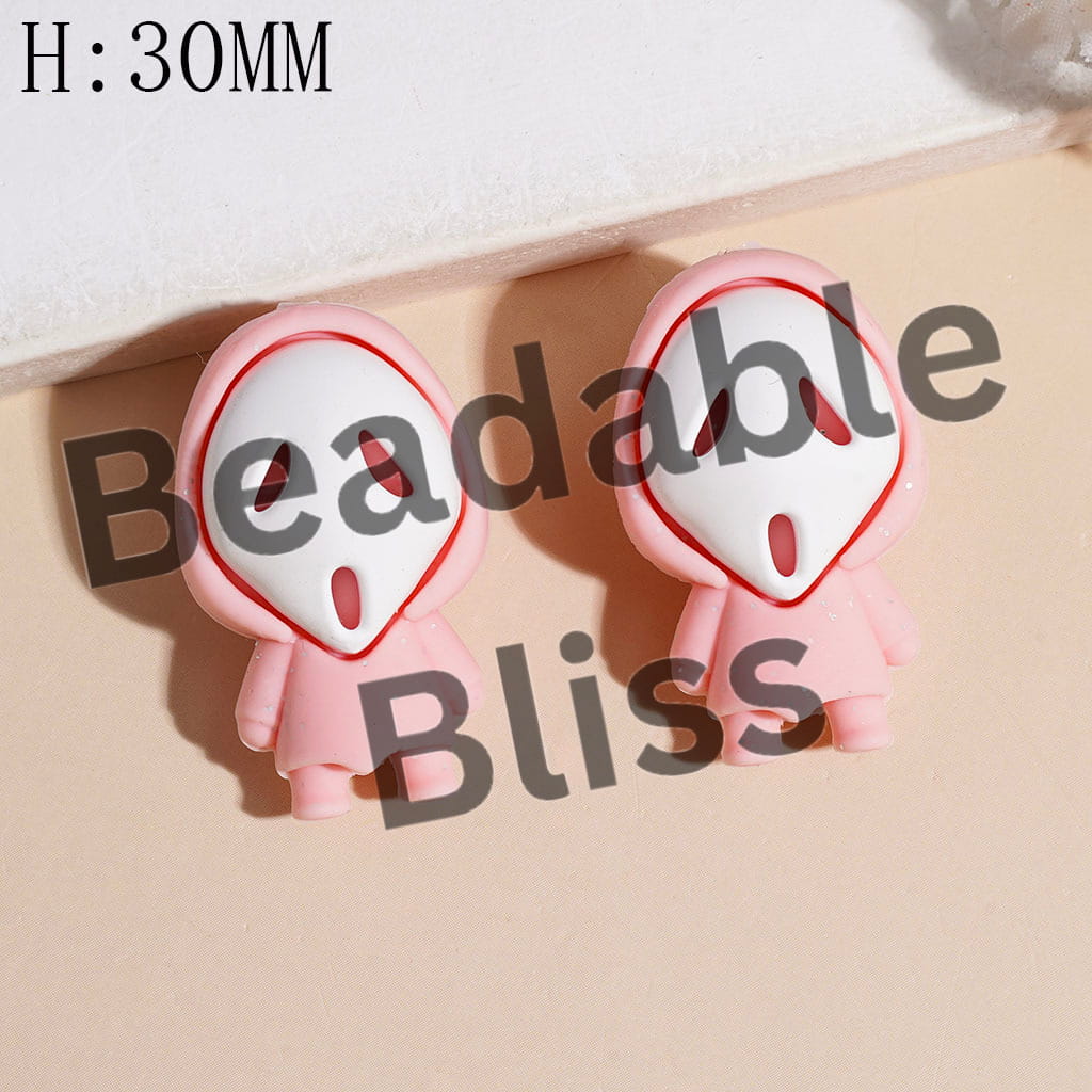 3D White Horror Mask Character with Silver Glitter and Cloak Silicone Focal Beads, Height 30MM, Multi-Color