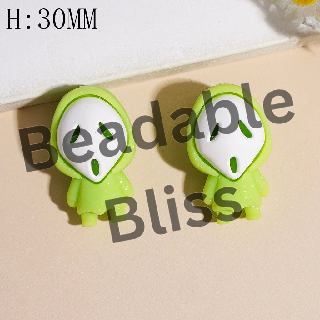 3D White Horror Mask Character with Silver Glitter and Cloak Silicone Focal Beads, Height 30MM, Multi-Color