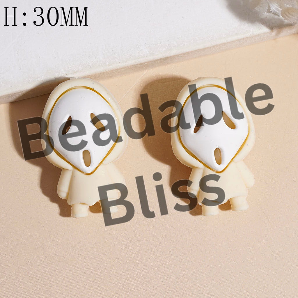 3D White Horror Mask Character with Silver Glitter and Cloak Silicone Focal Beads, Height 30MM, Multi-Color