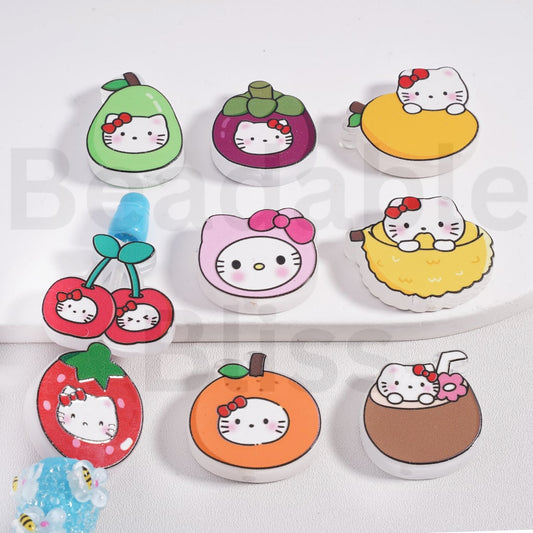 Acrylic Beads Cute Hello Kitt Series Fruits Slices Coconut Lemon Pear Cherry Strawberry, Random Mix