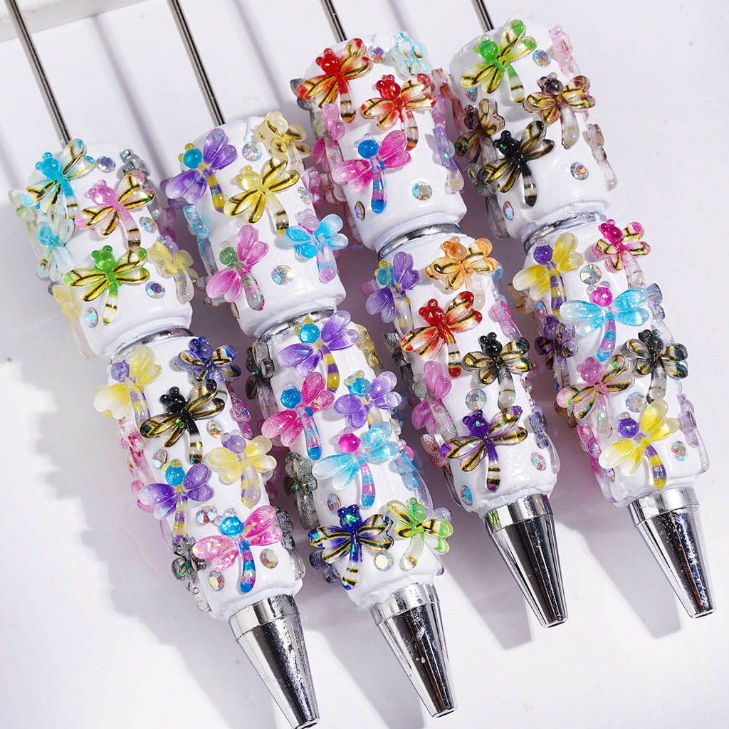 Beadable Clay Pens with Colorful Dragonflies and AB Rhinestones on White Background