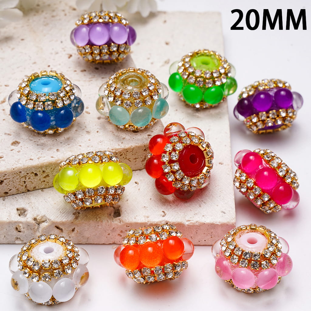 Hand-Made Acrylic Beads with Neon Colors Half-Shell Round, Gold Chains with Clear Rhinestones, 20MM, Random Mix