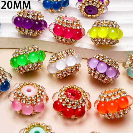 Hand-Made Acrylic Beads with Neon Colors Half-Shell Round, Gold Chains with Clear Rhinestones, 20MM, Random Mix
