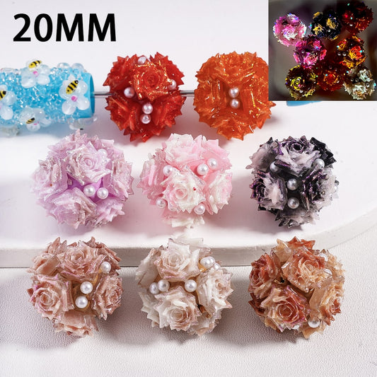 Clay Beads Luminous Glitter Rose Flowers White Pearls, 20MM