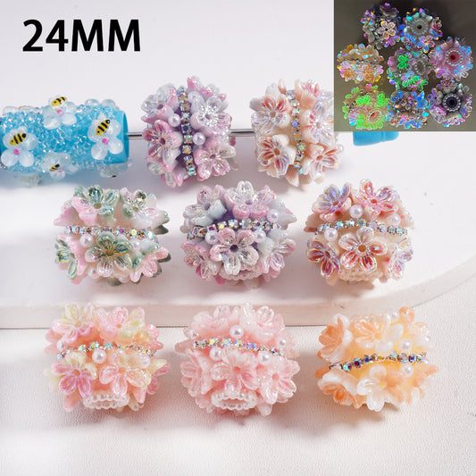 Clay Beads Luminous Shiny Flowers AB Rhinestones Chains White Pearls, 24MM, Random Mix