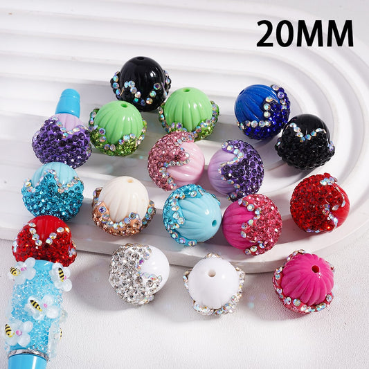 Clay Flower with Shiny Rhinestones Solid Color Round Pumpkin Acrylic Beads, 20MM, Random Mix