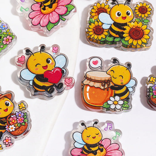 Cute Style Honey Bee Around by Flowers Music Hearts Honey Pot Acrylic Beads, Semi-Clear, Random Mix