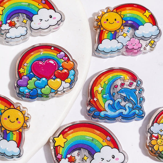 Rainbow Acrylic Beads, Heart Cloud Flower Dolphin Prints, Semi-Clear, Random Mix