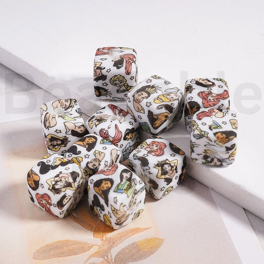 Cube Square Silicone Beads Disne Princess Series Printed 14MM