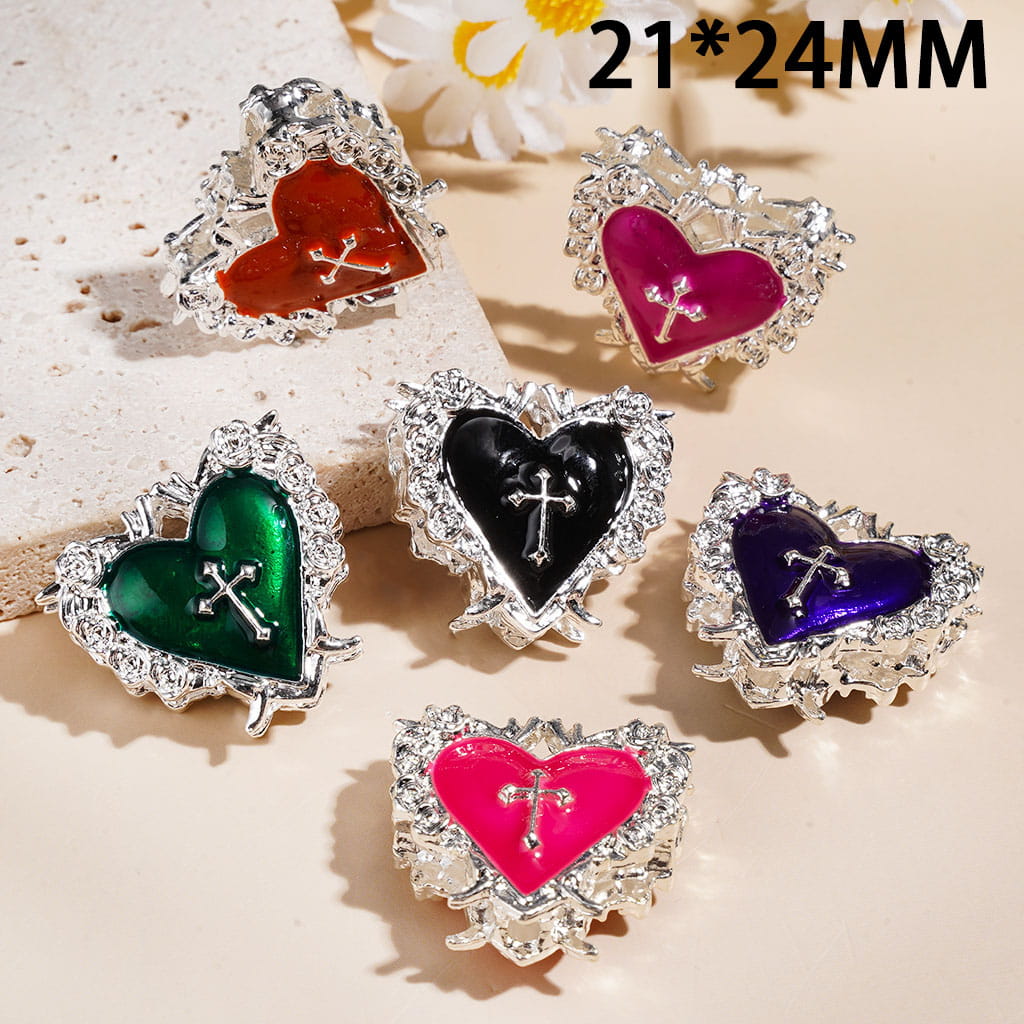 Alloy Beads Rose Flower Edged Heart with Cross, 21*24MM Random Mix Multi-Color