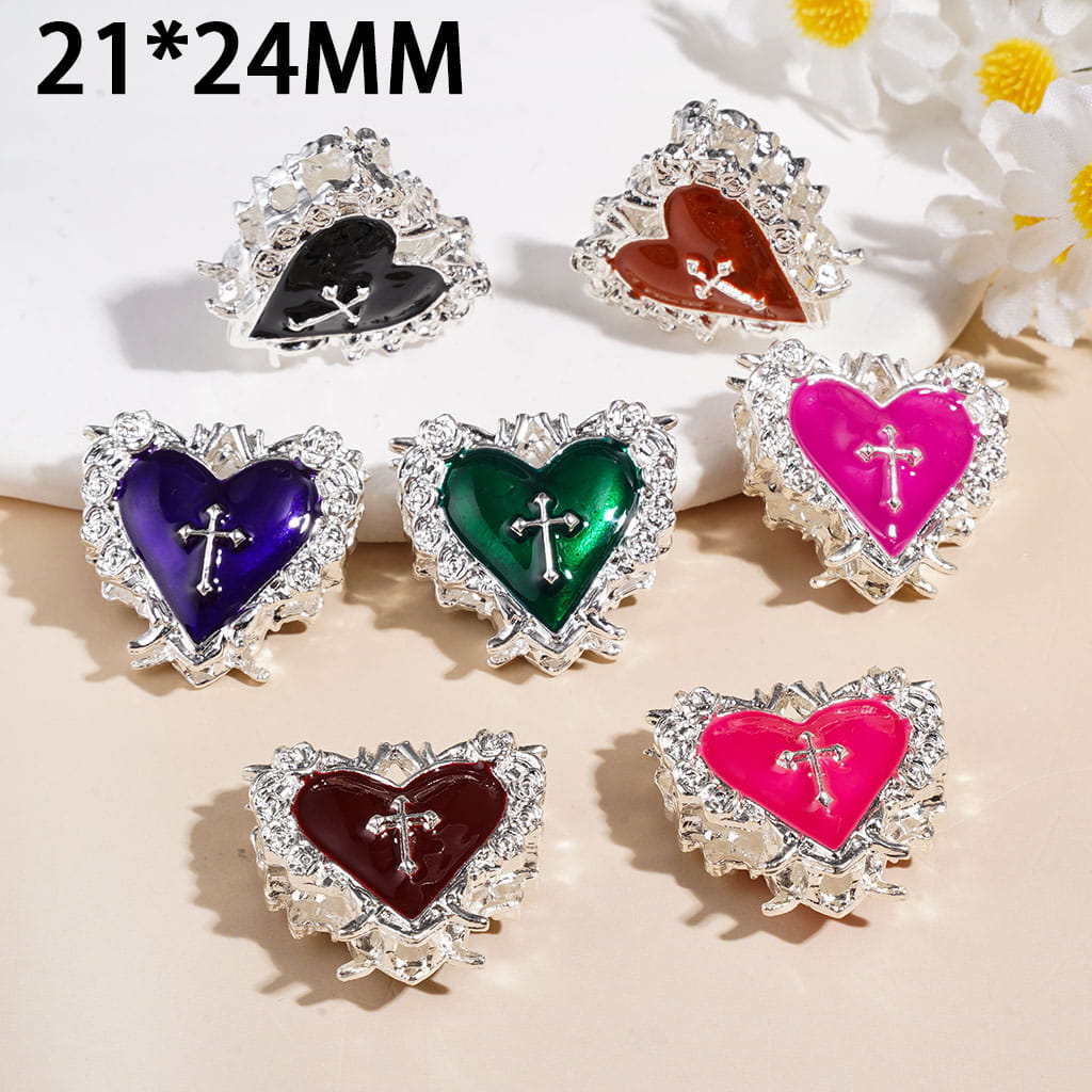 Alloy Beads Rose Flower Edged Heart with Cross, 21*24MM Random Mix Multi-Color