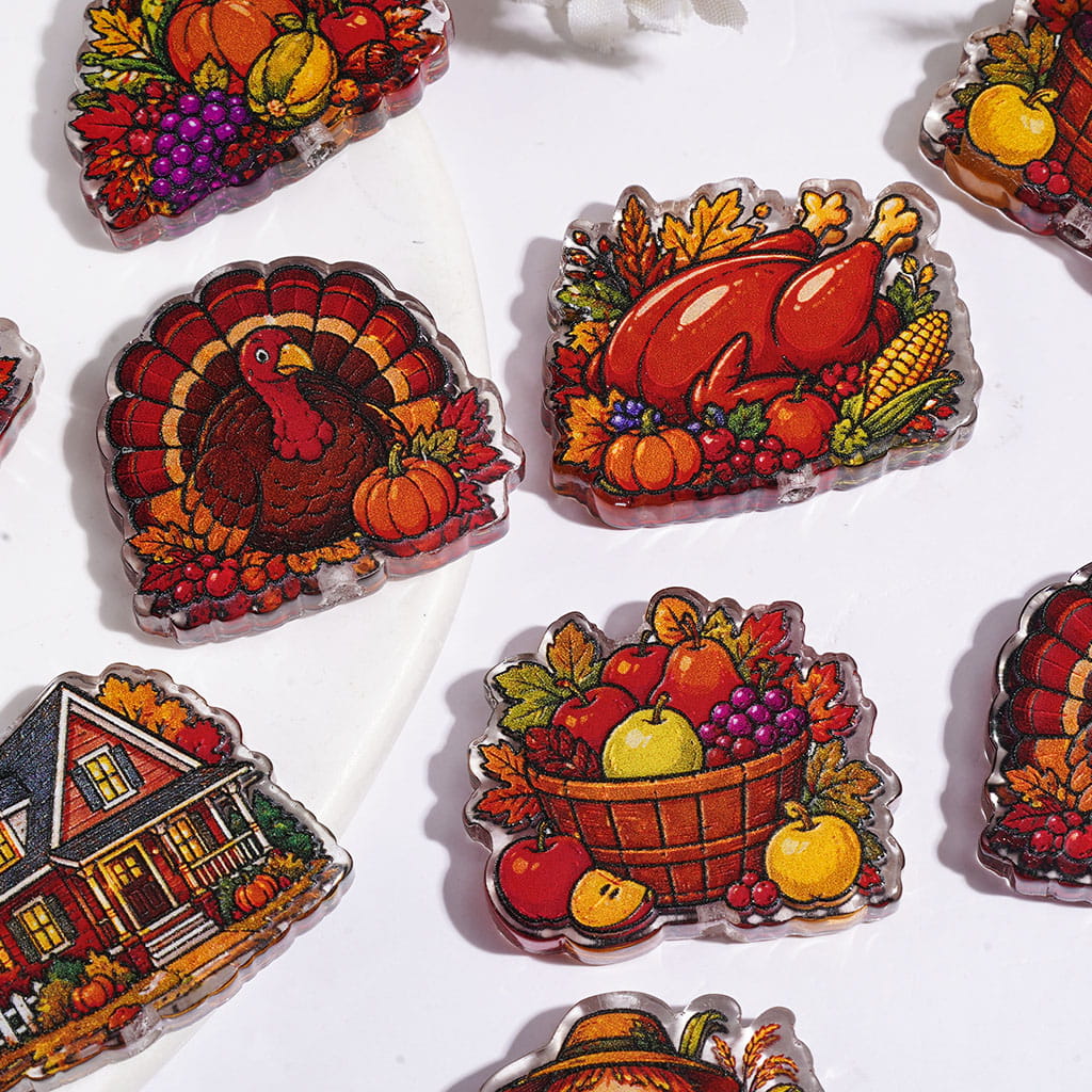 Semi-Clear Thanksgiving Day Theme Acrylic Beads, Food Turkey Fruit House Scarecrow, Random Mix