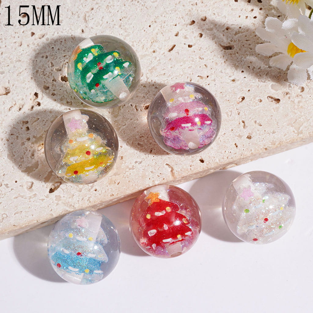 Christmas Theme Acrylic Beads for Bracelets with Colorful Glitter Star Christmas Tree Inside, Translucent, 15MM Random Mix Multi-Color