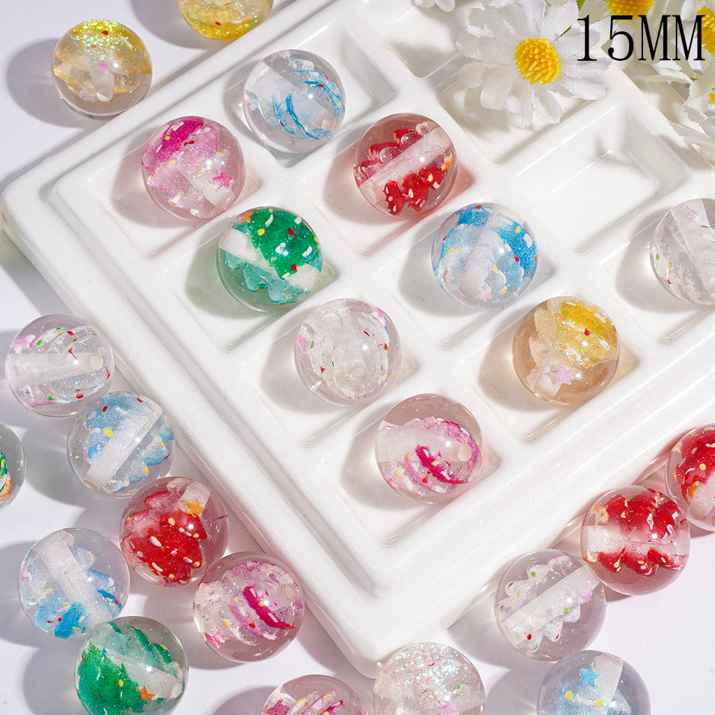Christmas Theme Acrylic Beads for Bracelets with Colorful Glitter Star Christmas Tree Inside, Translucent, 15MM Random Mix Multi-Color