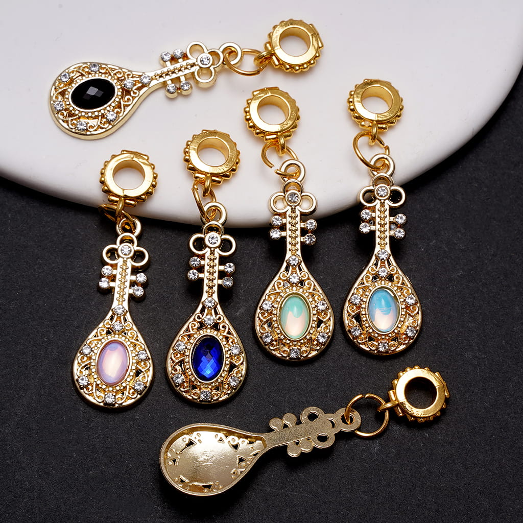 Gold Alloy Bail Beads, Charm Pendants Chinese Musical Instruments Pipa with Rhinestones, Multi-Color, Random Mix