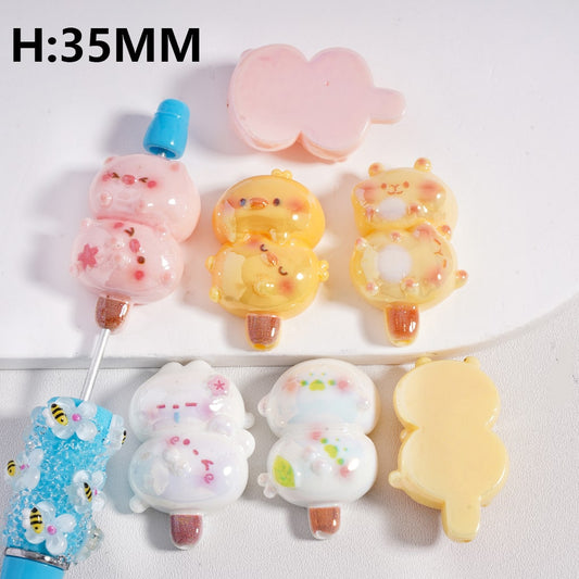 Acrylic Beads UV Coating Cute Duck Kitty Cat Bear Piglet in Ice Cream Stick Shape, 35MM Height, Random Mix