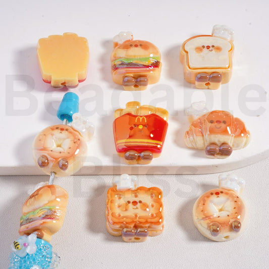 Acrylic Beads UV Coating Cute French Fries Bread Toast Burger Cookie McDonal, Random Mix