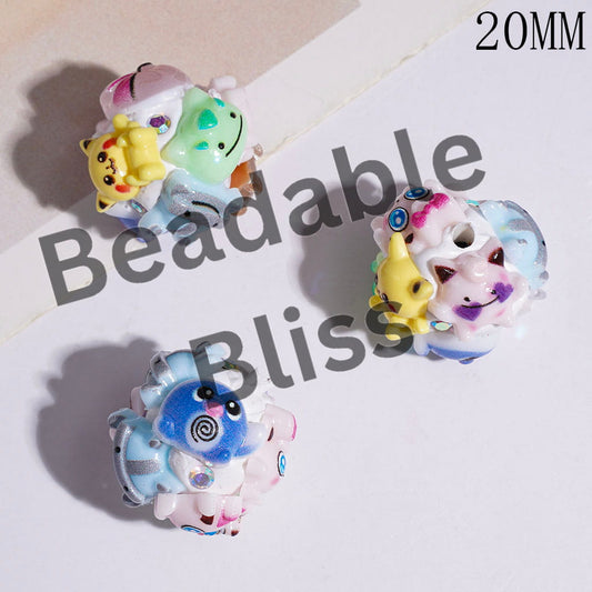 Clay Beads Small Monster Character and AB Rhinestones, 20MM Random Mix