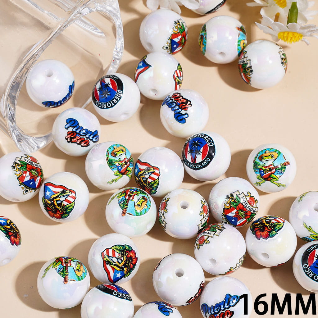 Acrylic Beads for Bracelets UV Coating PUERTO RICO Flag and Frog Series Prints, 16MM, Random Mix