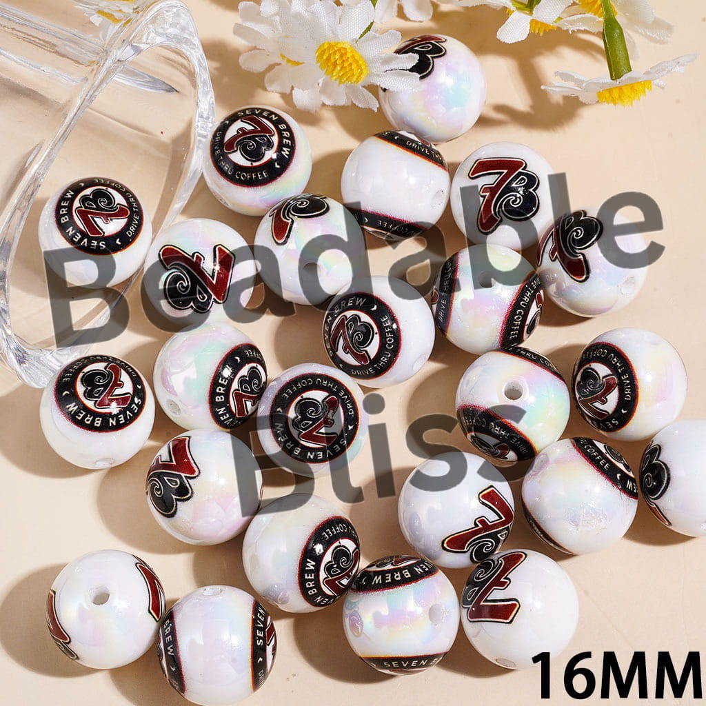 UV-Coated "Seven B" Coffee Prints Acrylic Beads for Bracelets, 16MM, Random Mix