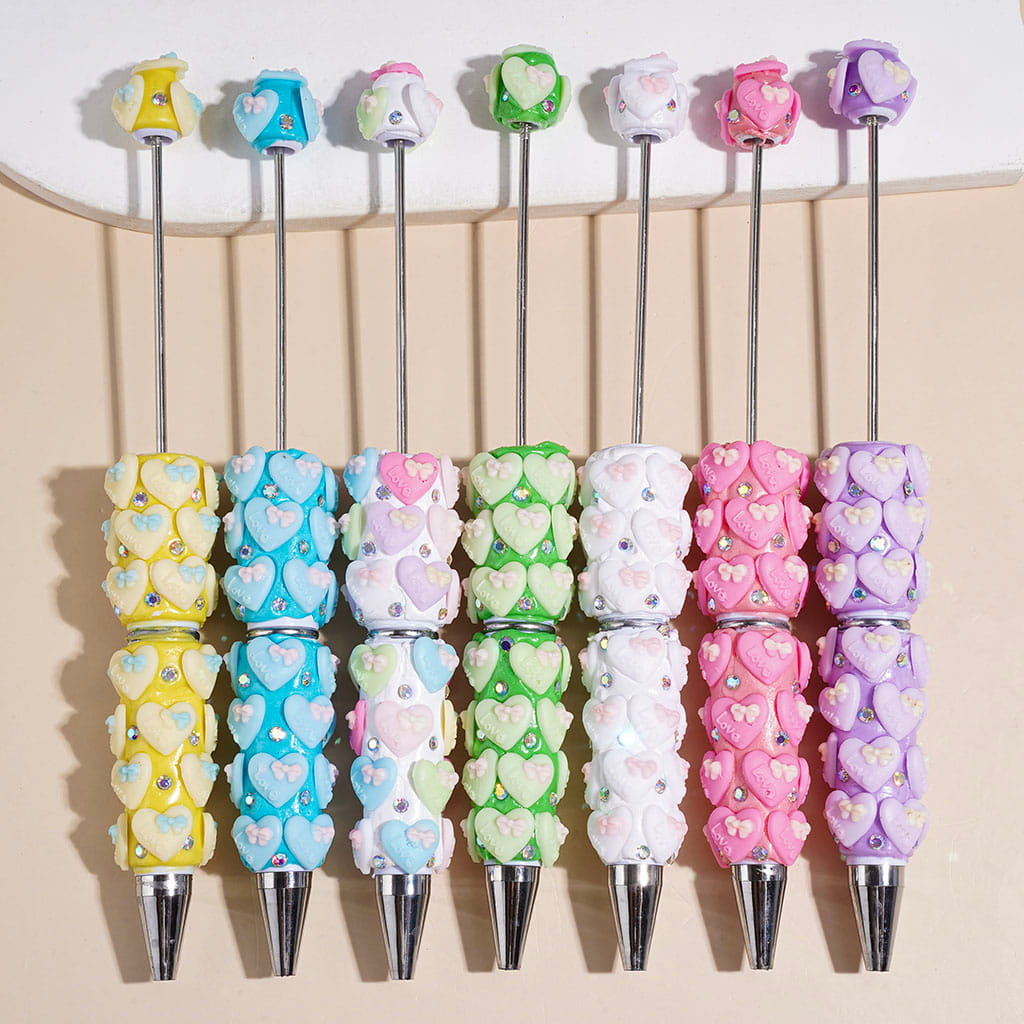 Beadable Clay Pens with Heart and Mini Bowtie, AB Rhinestones, Multi-Color