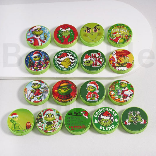 Silicone Focal Beads Green Monster Grinc Series Christmas, Flat Round Shape