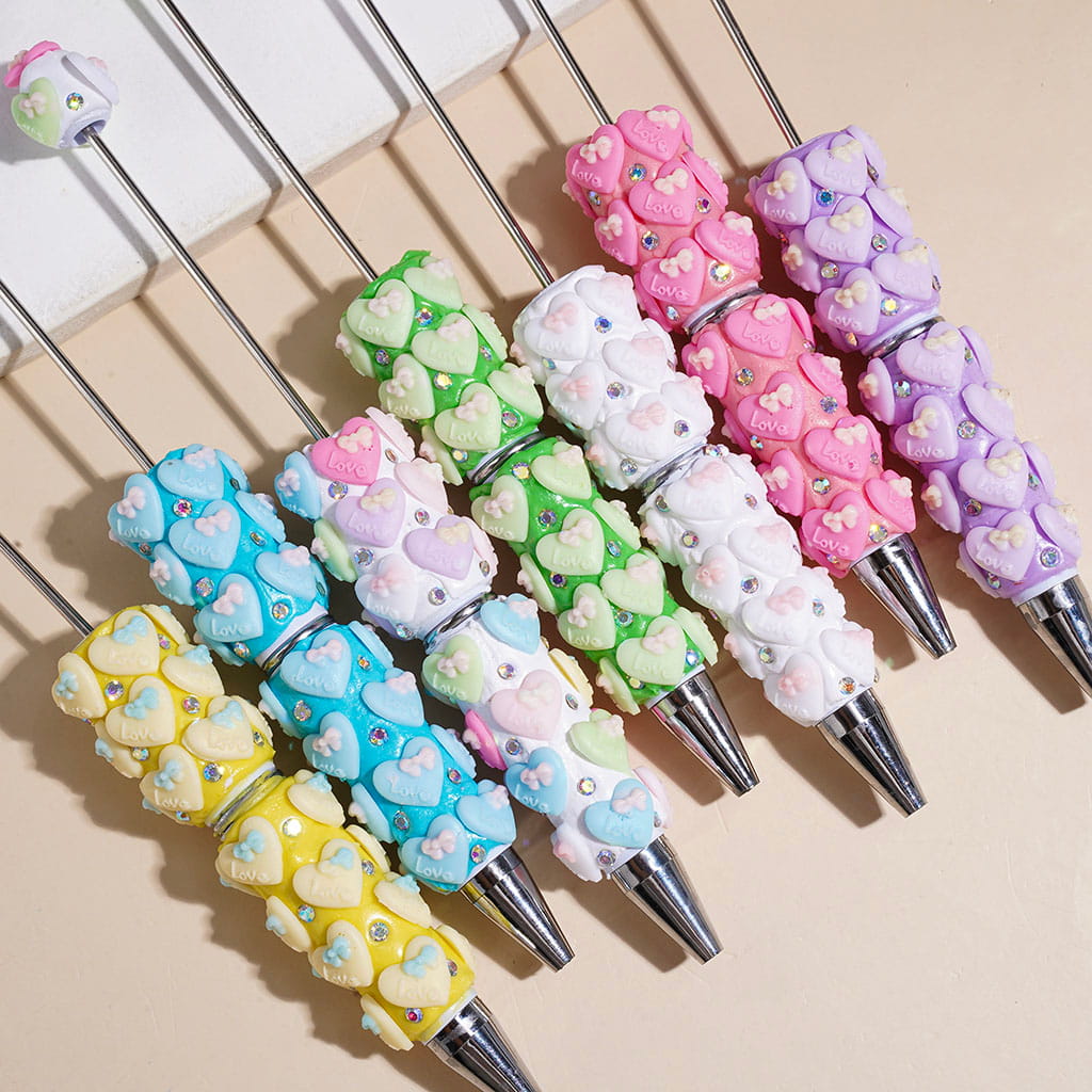 Beadable Clay Pens with Heart and Mini Bowtie, AB Rhinestones, Multi-Color