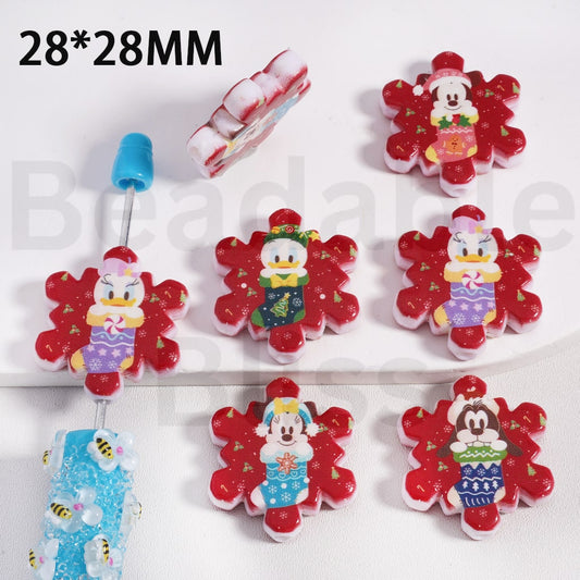Acrylic Beads Cute Cartoon Donal Dais Duck Micke Minni Goof Plut in Christmas Socks Red Snowflakes Shape, 28*28MM, Random Mix