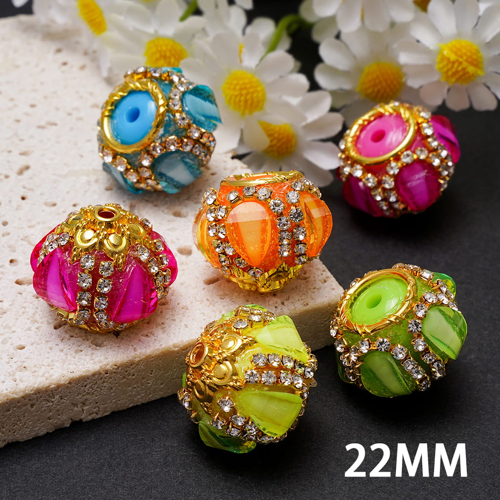 Handmade Acrylic Beads w Gold Alloy Six Pointed Flower & Round Ring on Both Base Sides, w Drop Water & Clear Rhinestone Chains, Neon Colors, 22MM, Random Mix